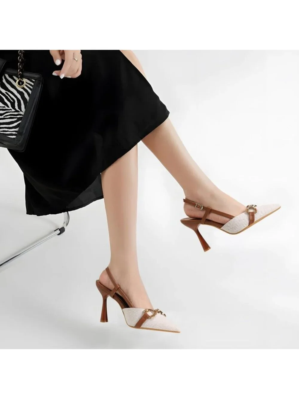 Women's Off White Slingback Pointed Toe Stiletto Heels Shoes Adjustable Buckle